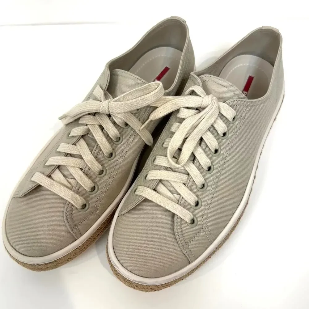 PRADA Gabardine Espadrille Platform Canvas Beige Sneaker 10 Low Top Natural Shoe